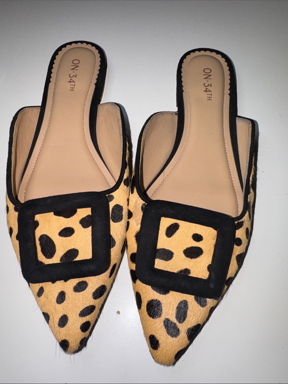 ON 34TH Leopard-Print Pointed Mule in Tan and Black